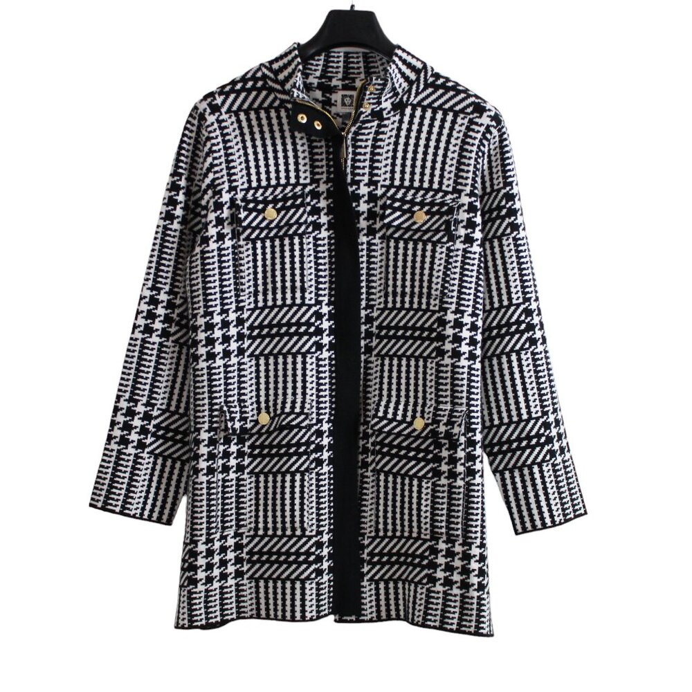 Anne Klein Black White Glen Plaid Knit Coat